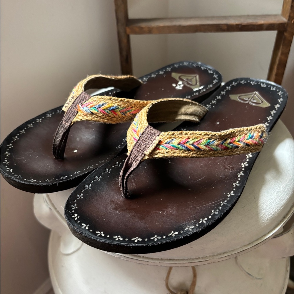 Roxy Brown Sandals with Colorful Embroidered Straps